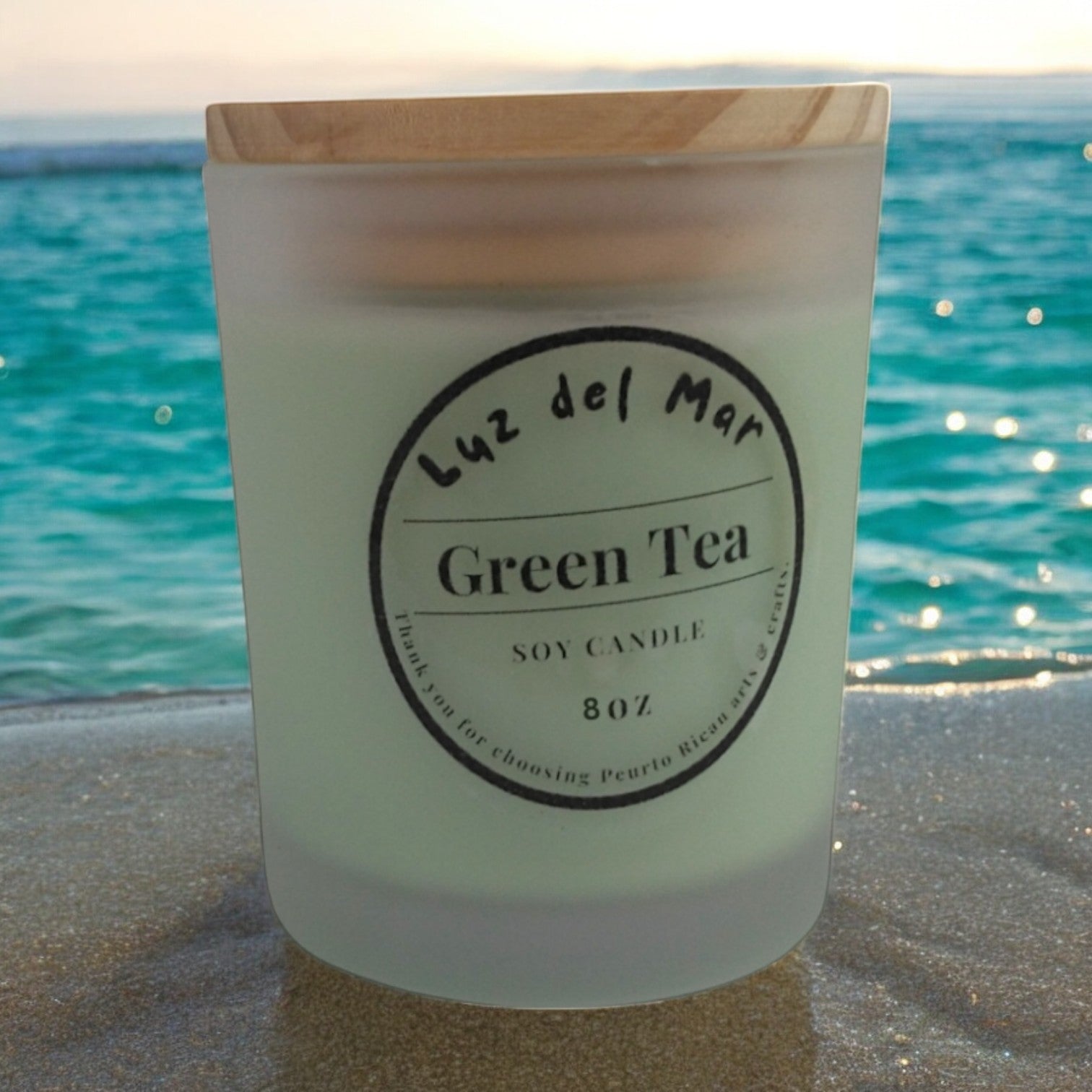 Green Tea Scented Soy Candle – Hand-Poured into Frosted Jar - 8 oz net wt. - Luz Del Mar