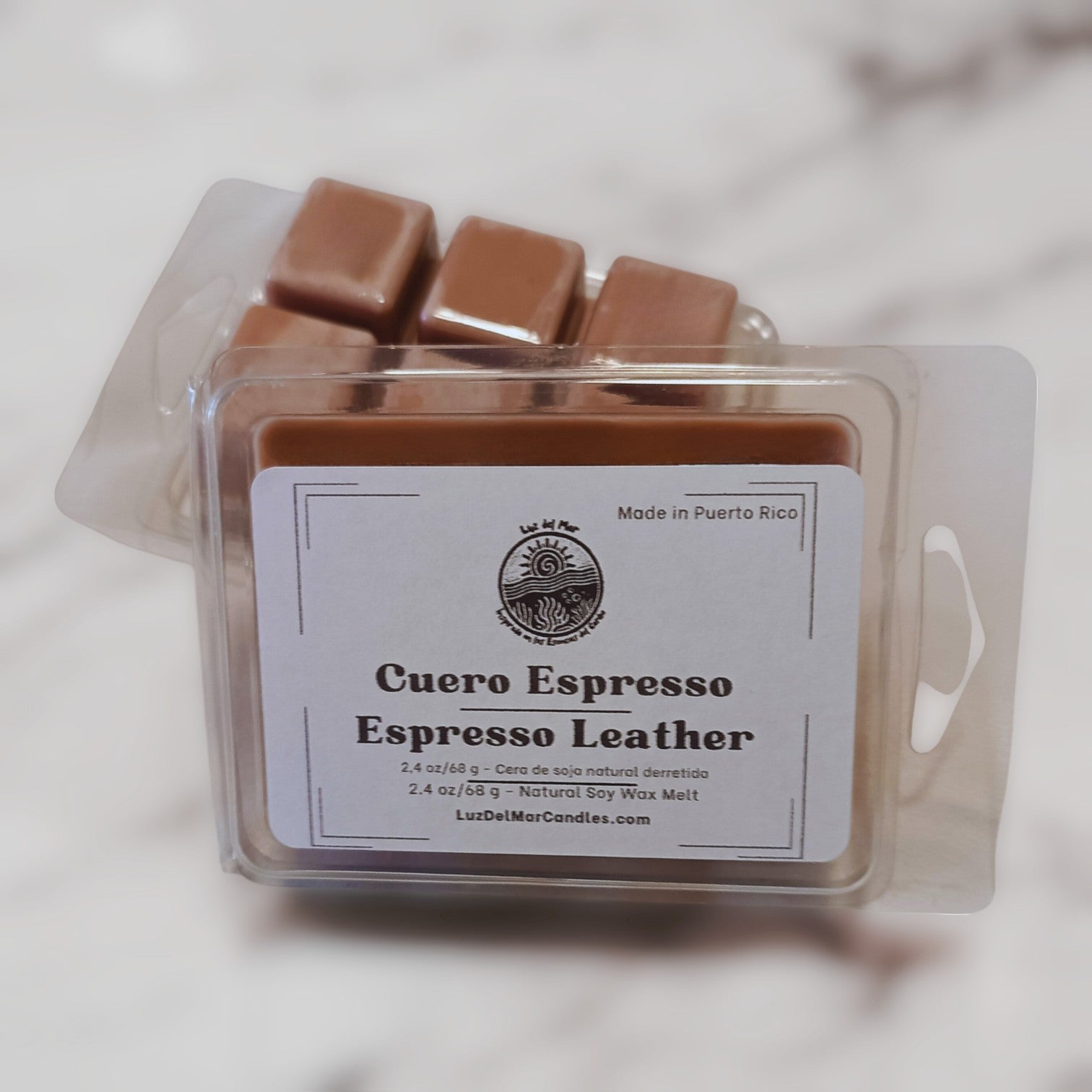 Espresso Leather Scented Wax Melts – Hand-Poured - 6 pack - 2.4 oz net pkg wt. - Luz Del Mar